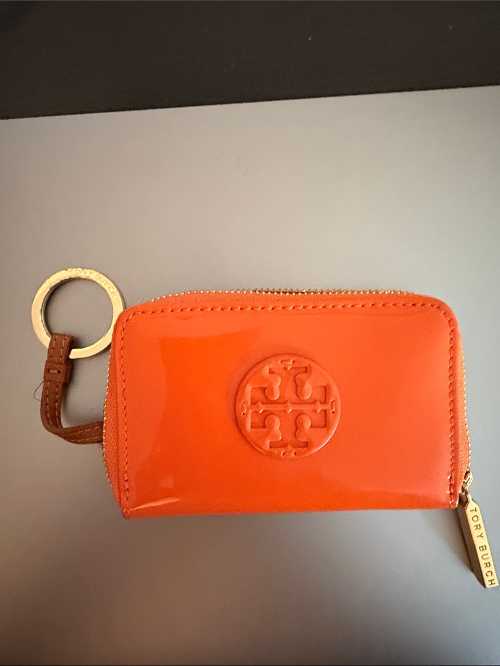 Tory Burch Bright Orange Patent Zip Card Case with Key Ring